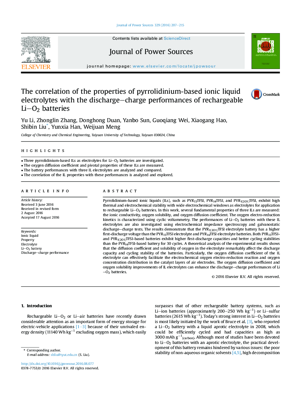 The correlation of the properties of pyrrolidinium-based ionic liquid electrolytes with the discharge–charge performances of rechargeable Li–O2 batteries