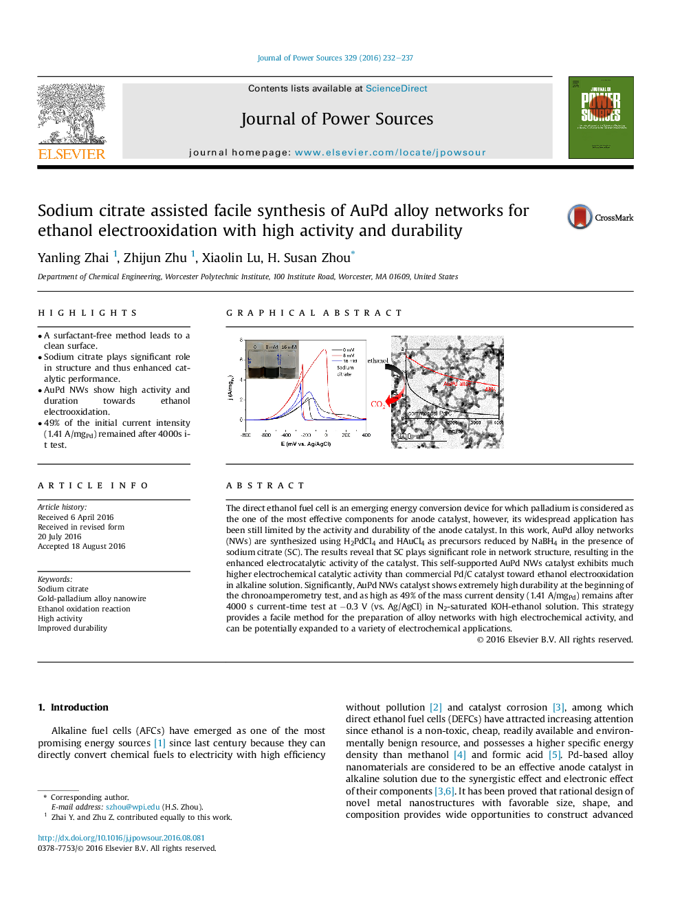 Sodium citrate assisted facile synthesis of AuPd alloy networks for ethanol electrooxidation with high activity and durability