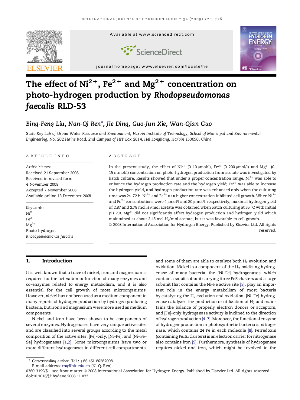 The effect of Ni2+, Fe2+ and Mg2+ concentration on photo-hydrogen production by Rhodopseudomonas faecalis RLD-53