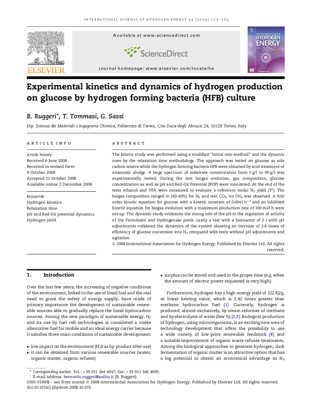 Experimental kinetics and dynamics of hydrogen production on glucose by hydrogen forming bacteria (HFB) culture