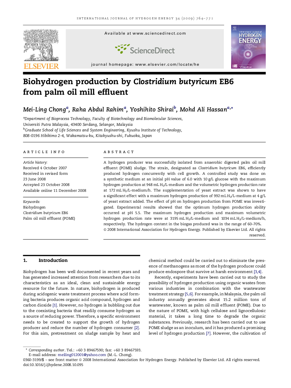 Biohydrogen production by Clostridium butyricum EB6 from palm oil mill effluent