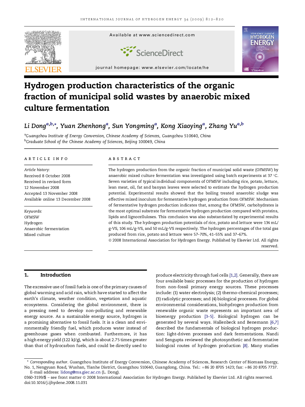 Hydrogen production characteristics of the organic fraction of municipal solid wastes by anaerobic mixed culture fermentation