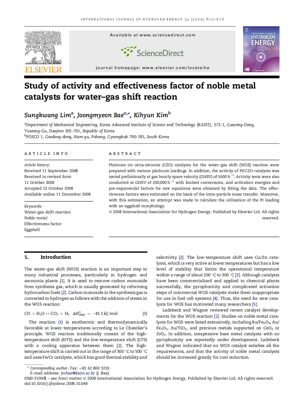 Study of activity and effectiveness factor of noble metal catalysts for water–gas shift reaction