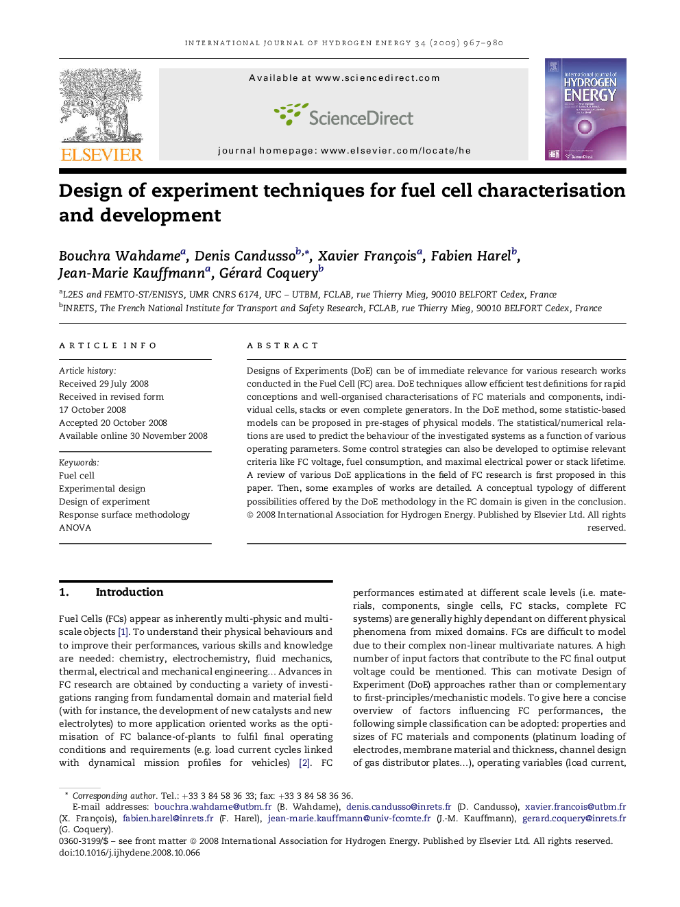 Design of experiment techniques for fuel cell characterisation and development