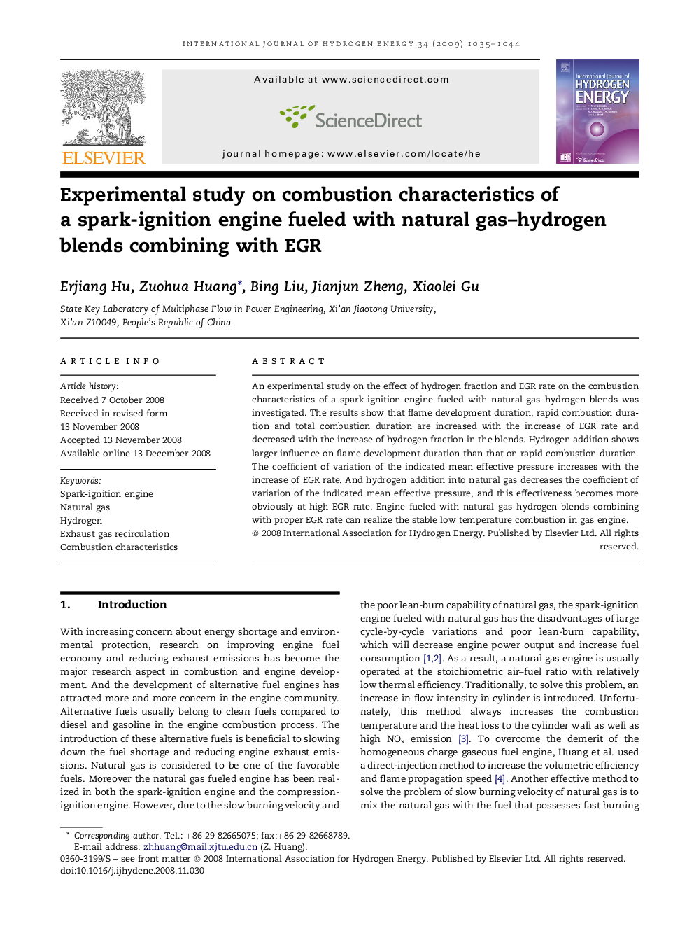 Experimental study on combustion characteristics of a spark-ignition engine fueled with natural gas–hydrogen blends combining with EGR