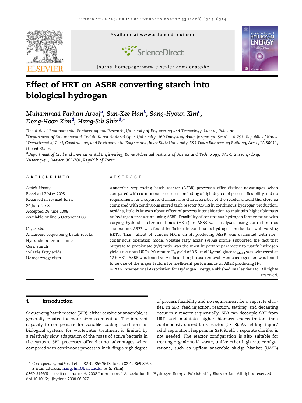 Effect of HRT on ASBR converting starch into biological hydrogen