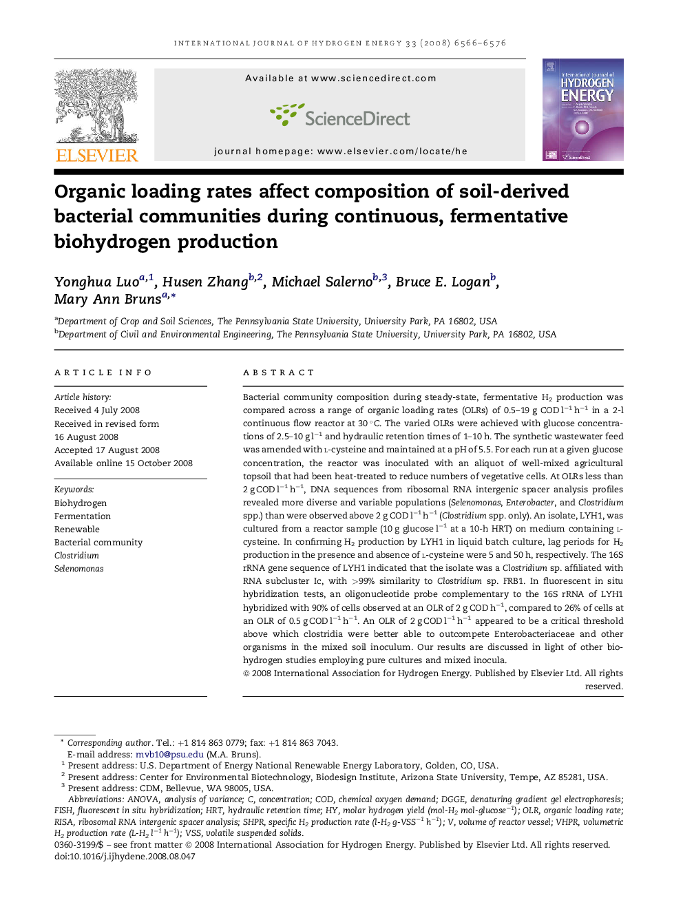 Organic loading rates affect composition of soil-derived bacterial communities during continuous, fermentative biohydrogen production