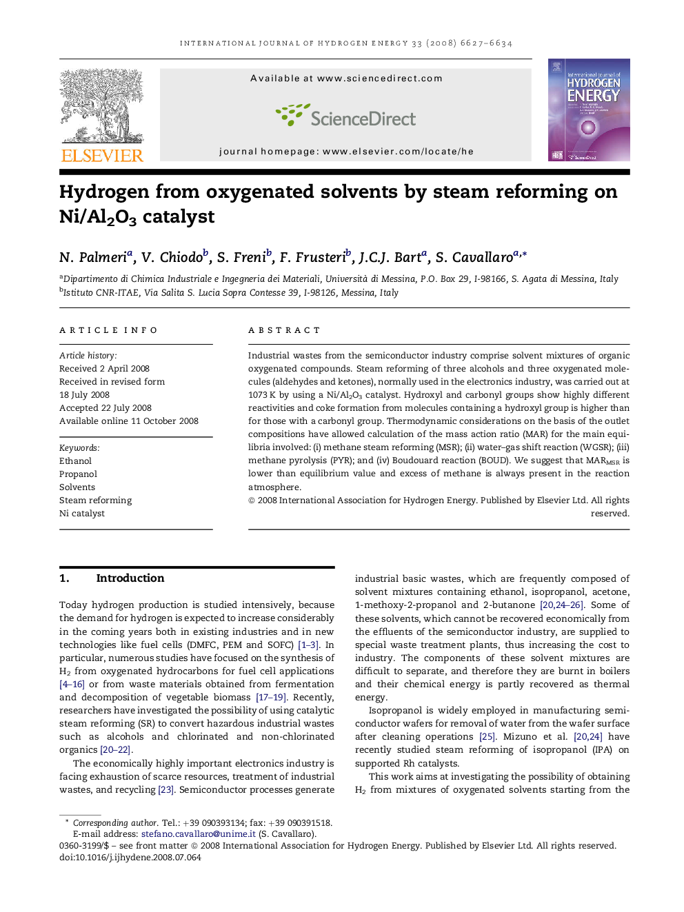 Hydrogen from oxygenated solvents by steam reforming on Ni/Al2O3 catalyst