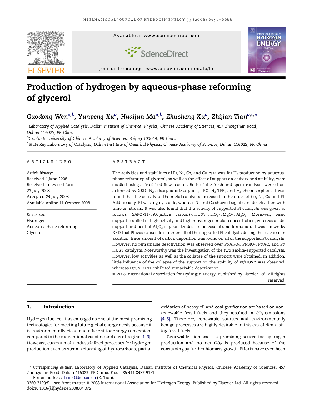 Production of hydrogen by aqueous-phase reforming of glycerol