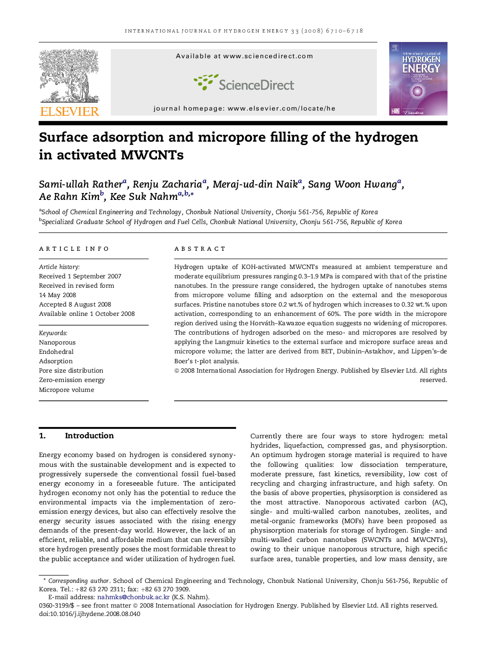 Surface adsorption and micropore filling of the hydrogen in activated MWCNTs