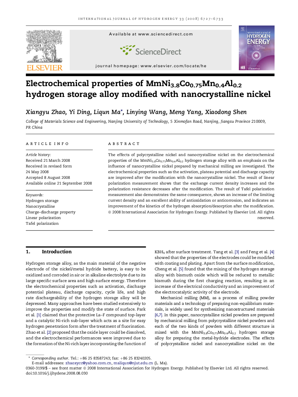 Electrochemical properties of MmNi3.8Co0.75Mn0.4Al0.2 hydrogen storage alloy modified with nanocrystalline nickel