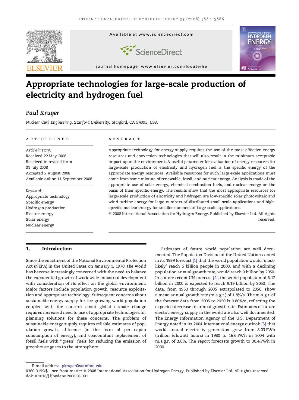 Appropriate technologies for large-scale production of electricity and hydrogen fuel