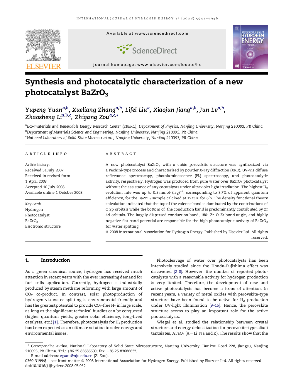 Synthesis and photocatalytic characterization of a new photocatalyst BaZrO3