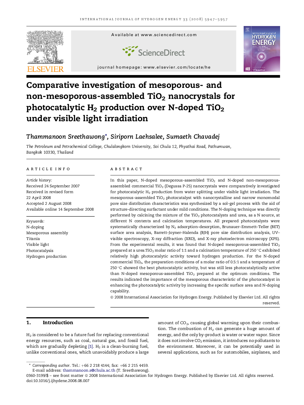 Comparative investigation of mesoporous- and non-mesoporous-assembled TiO2 nanocrystals for photocatalytic H2 production over N-doped TiO2 under visible light irradiation