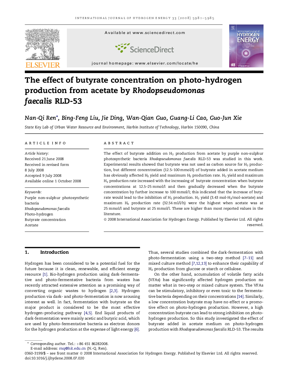 The effect of butyrate concentration on photo-hydrogen production from acetate by Rhodopseudomonas faecalis RLD-53