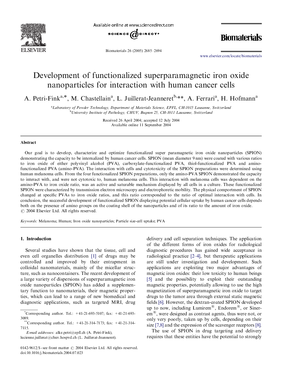 Development of functionalized superparamagnetic iron oxide nanoparticles for interaction with human cancer cells