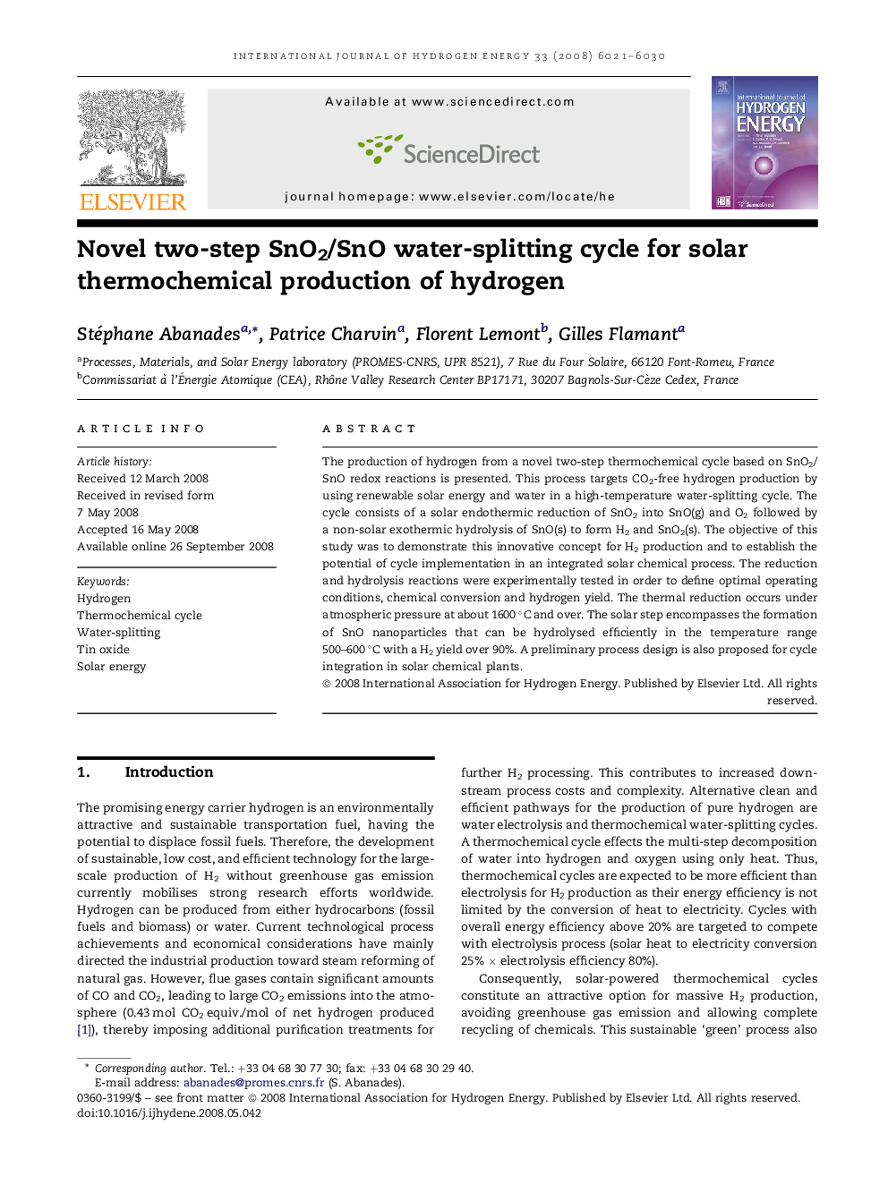 Novel two-step SnO2/SnO water-splitting cycle for solar thermochemical production of hydrogen