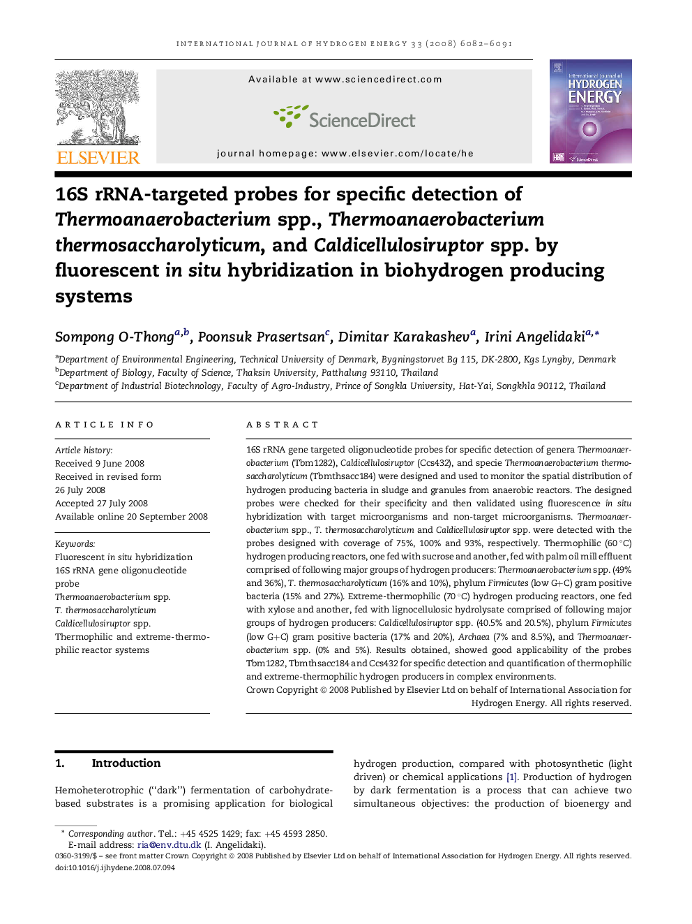 16S rRNA-targeted probes for specific detection of Thermoanaerobacterium spp., Thermoanaerobacterium thermosaccharolyticum, and Caldicellulosiruptor spp. by fluorescent in situ hybridization in biohydrogen producing systems