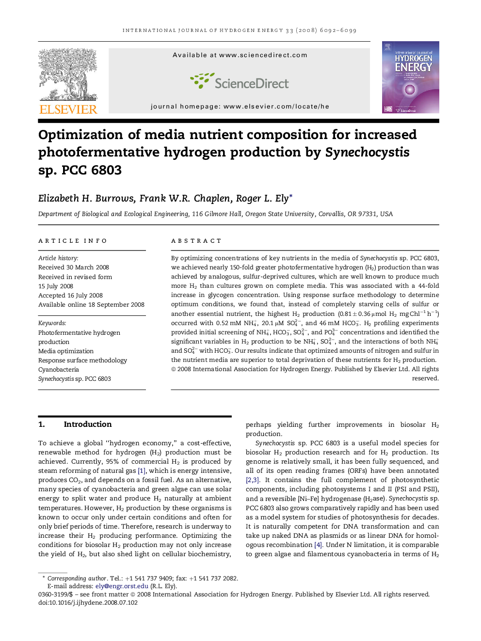 Optimization of media nutrient composition for increased photofermentative hydrogen production by Synechocystis sp. PCC 6803