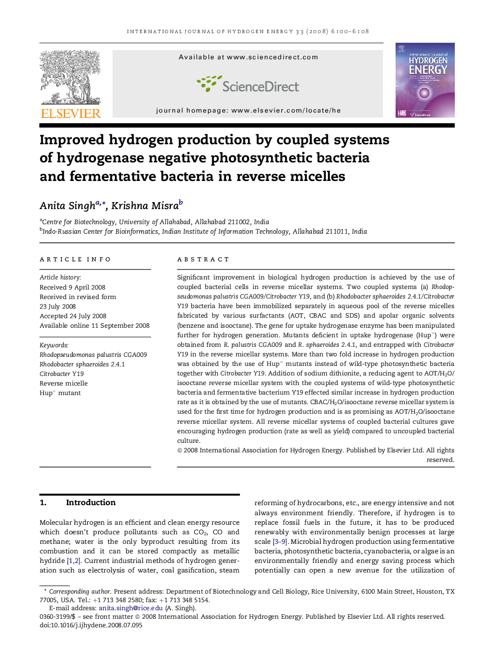 Improved hydrogen production by coupled systems of hydrogenase negative photosynthetic bacteria and fermentative bacteria in reverse micelles