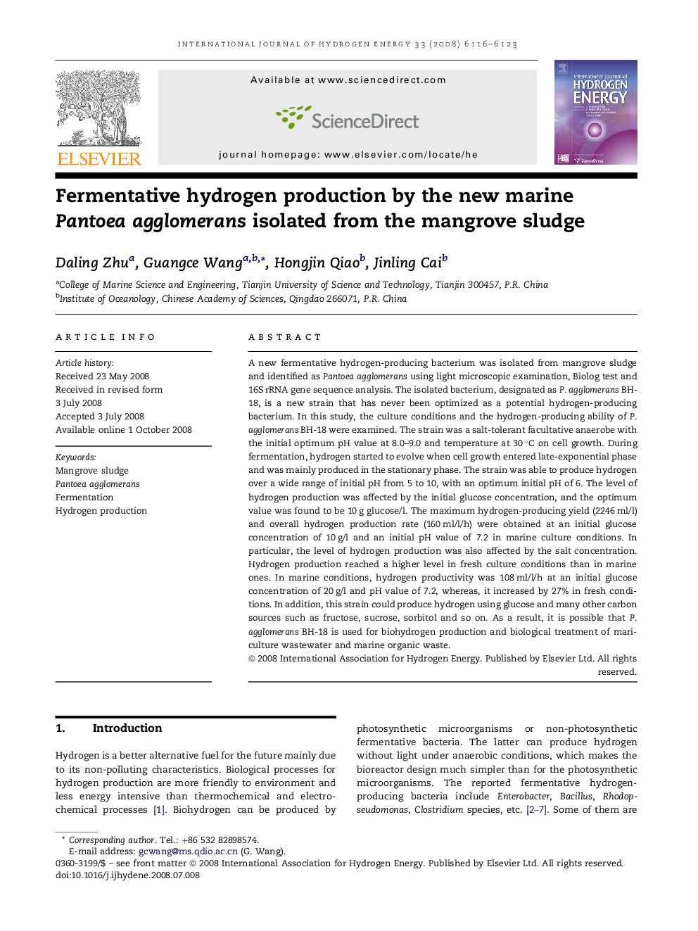 Fermentative hydrogen production by the new marine Pantoea agglomerans isolated from the mangrove sludge