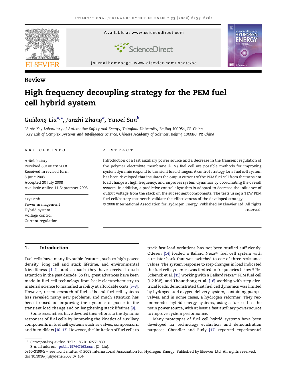 High frequency decoupling strategy for the PEM fuel cell hybrid system