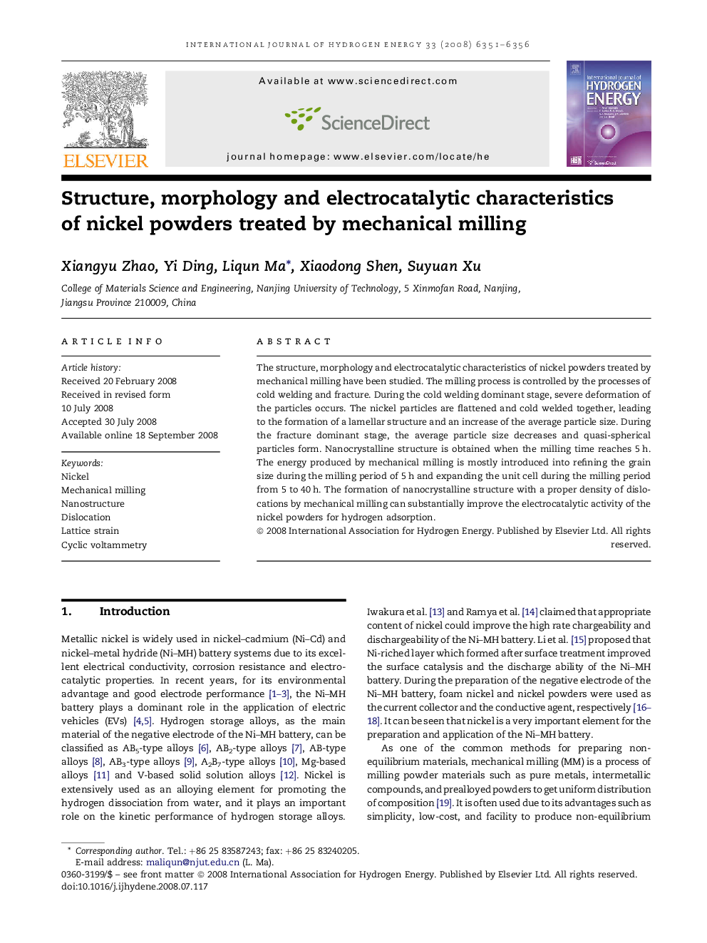 Structure, morphology and electrocatalytic characteristics of nickel powders treated by mechanical milling