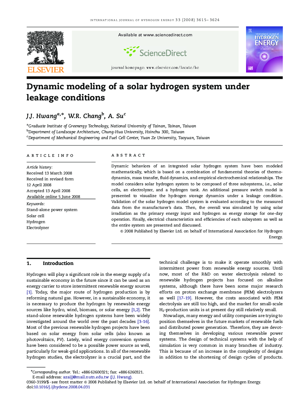 Dynamic modeling of a solar hydrogen system under leakage conditions