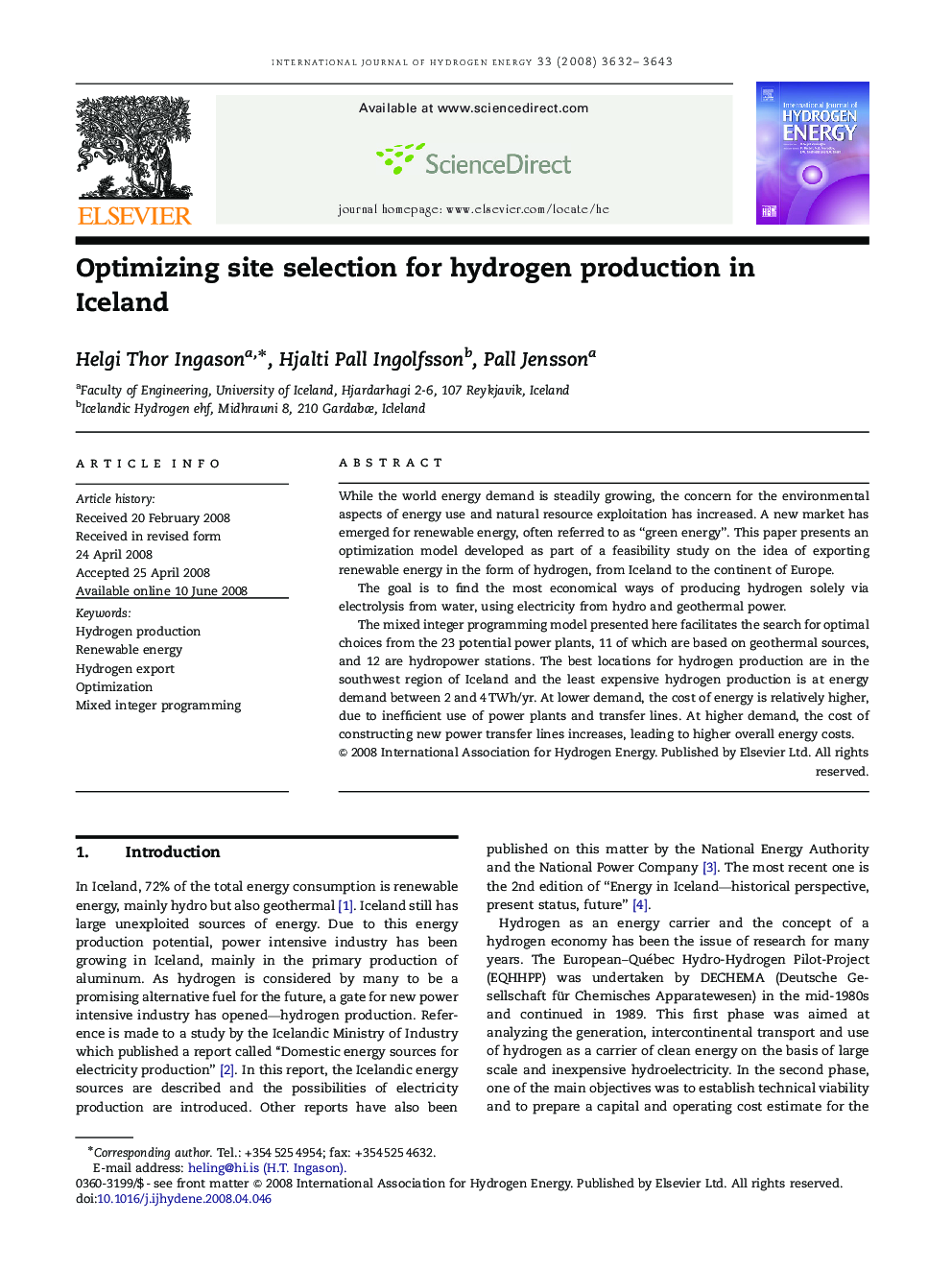 Optimizing site selection for hydrogen production in Iceland