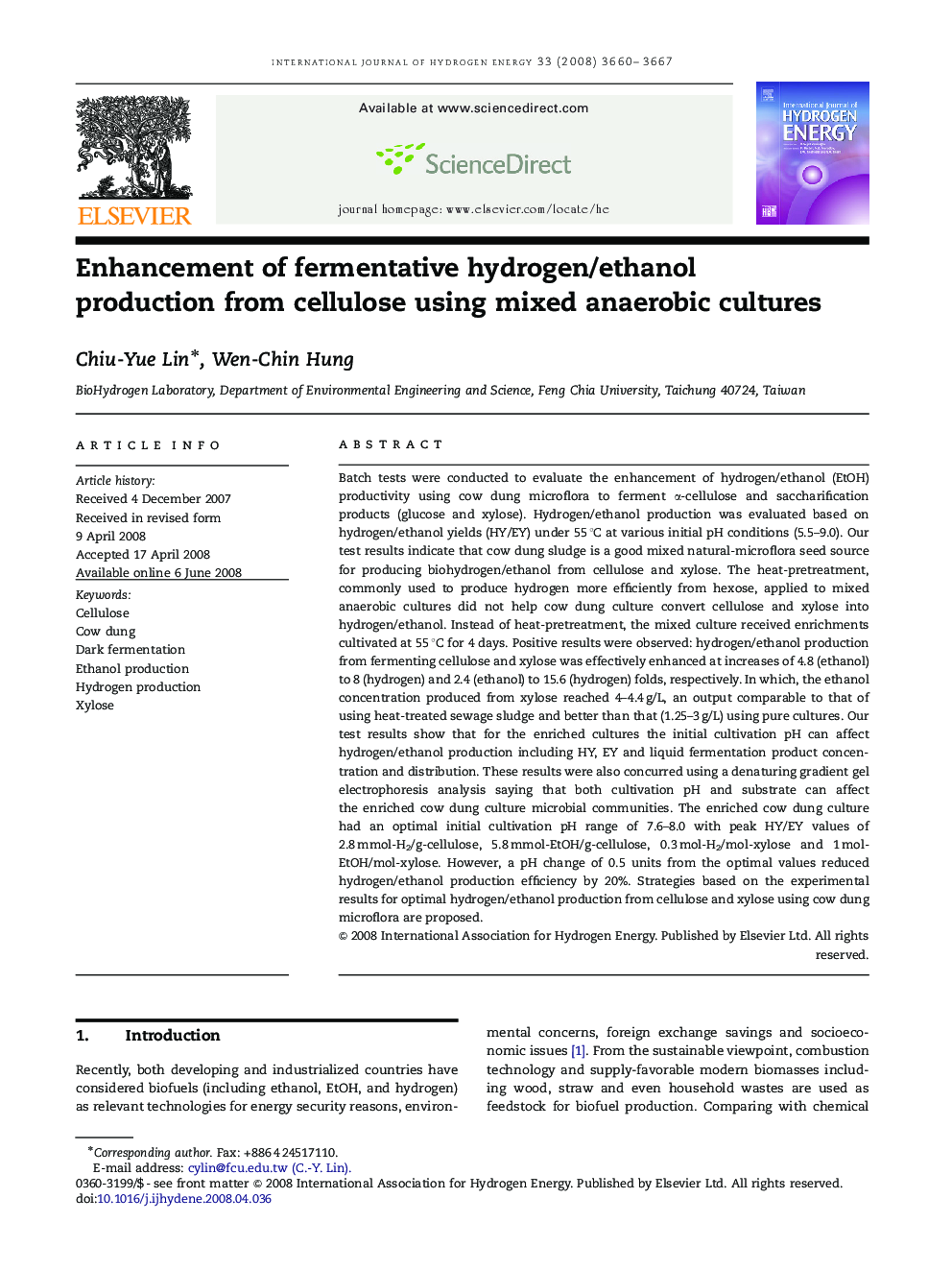 Enhancement of fermentative hydrogen/ethanol production from cellulose using mixed anaerobic cultures