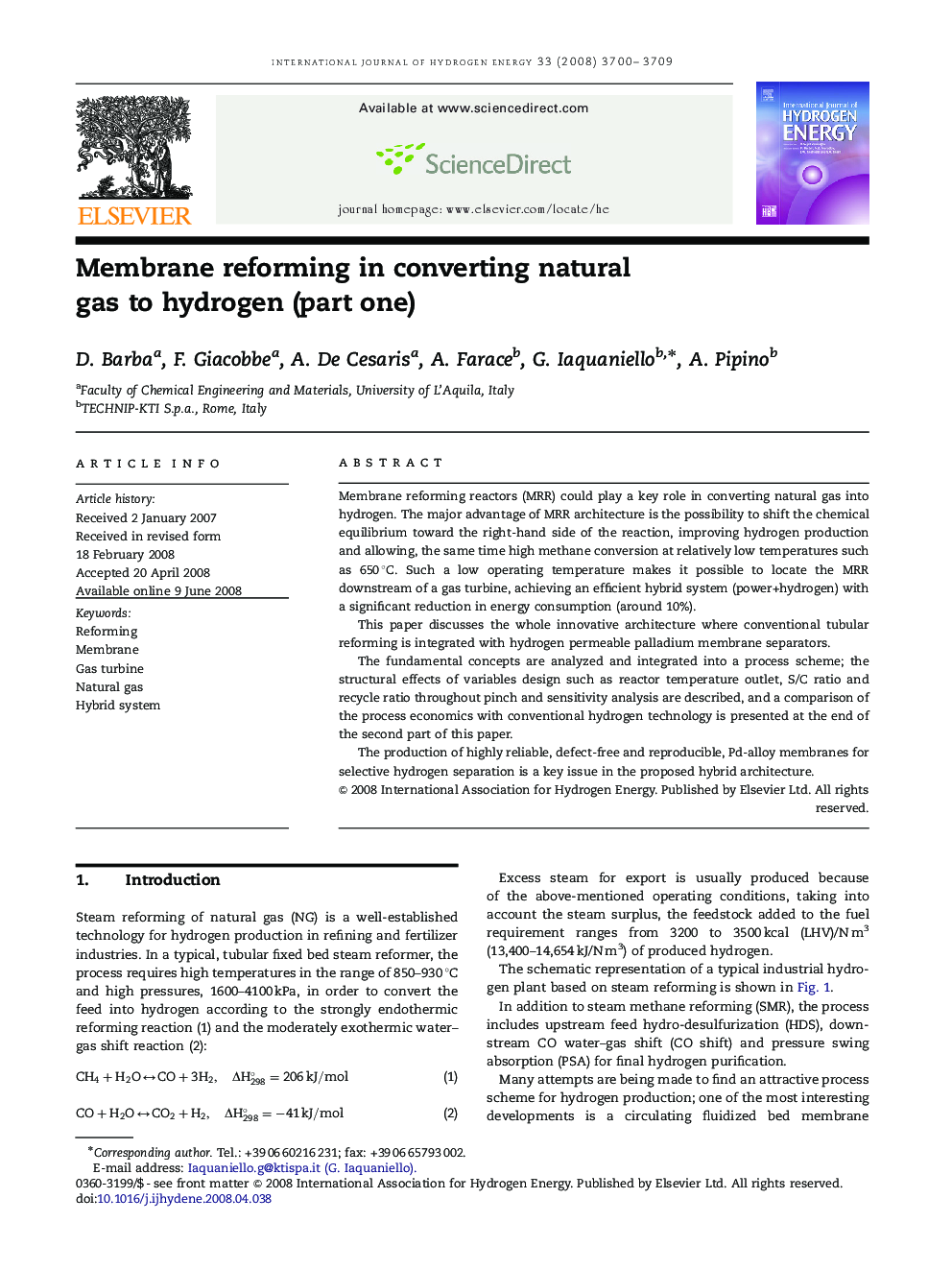 Membrane reforming in converting natural gas to hydrogen (part one)