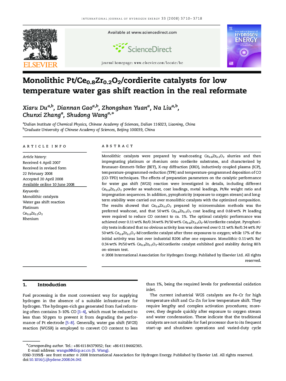 Monolithic Pt/Ce0.8Zr0.2O2/cordierite catalysts for low temperature water gas shift reaction in the real reformate