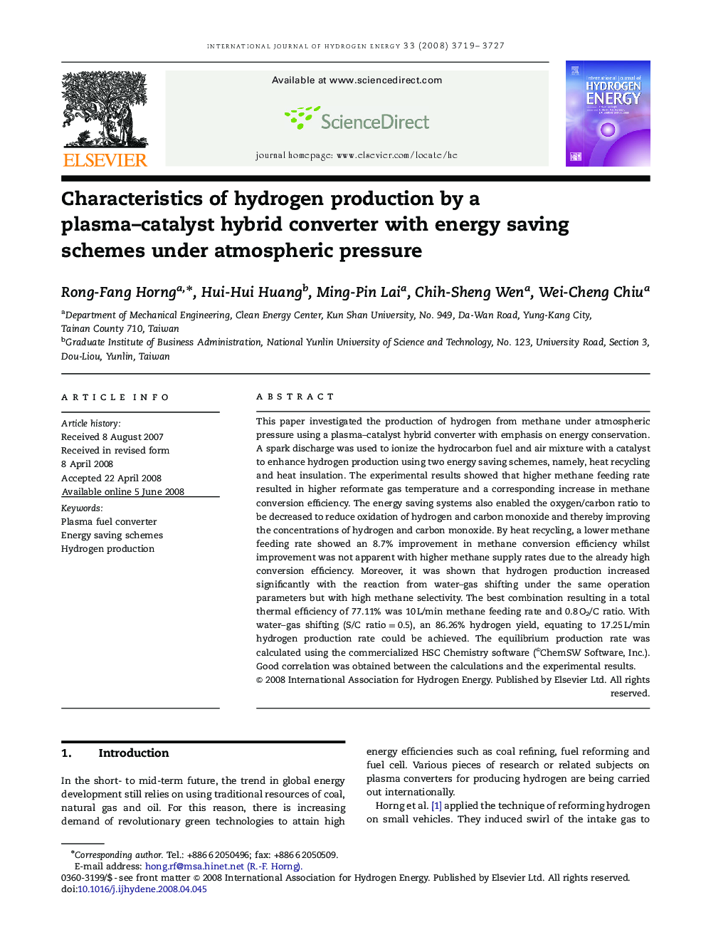 Characteristics of hydrogen production by a plasma–catalyst hybrid converter with energy saving schemes under atmospheric pressure