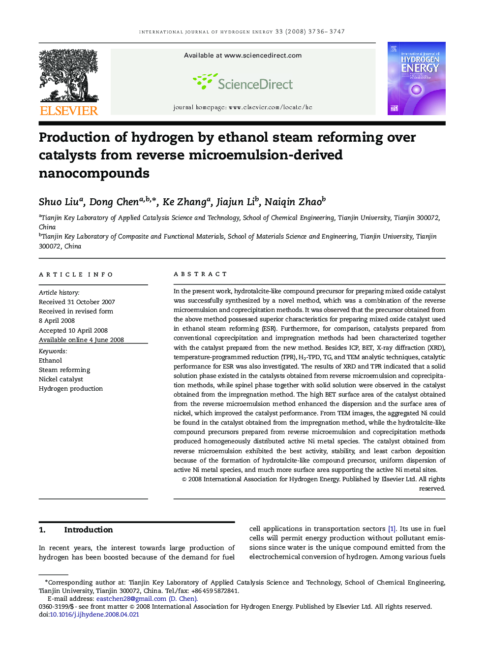 Production of hydrogen by ethanol steam reforming over catalysts from reverse microemulsion-derived nanocompounds