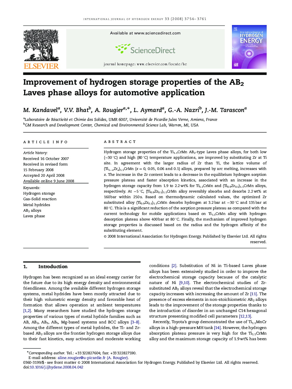 Improvement of hydrogen storage properties of the AB2 Laves phase alloys for automotive application