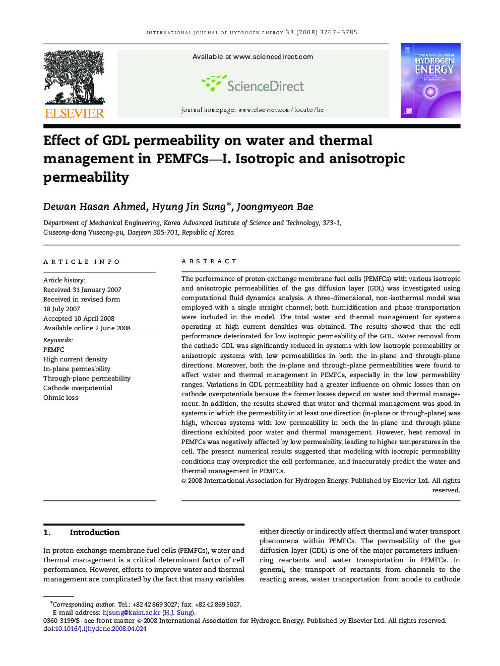 Effect of GDL permeability on water and thermal management in PEMFCs—I. Isotropic and anisotropic permeability