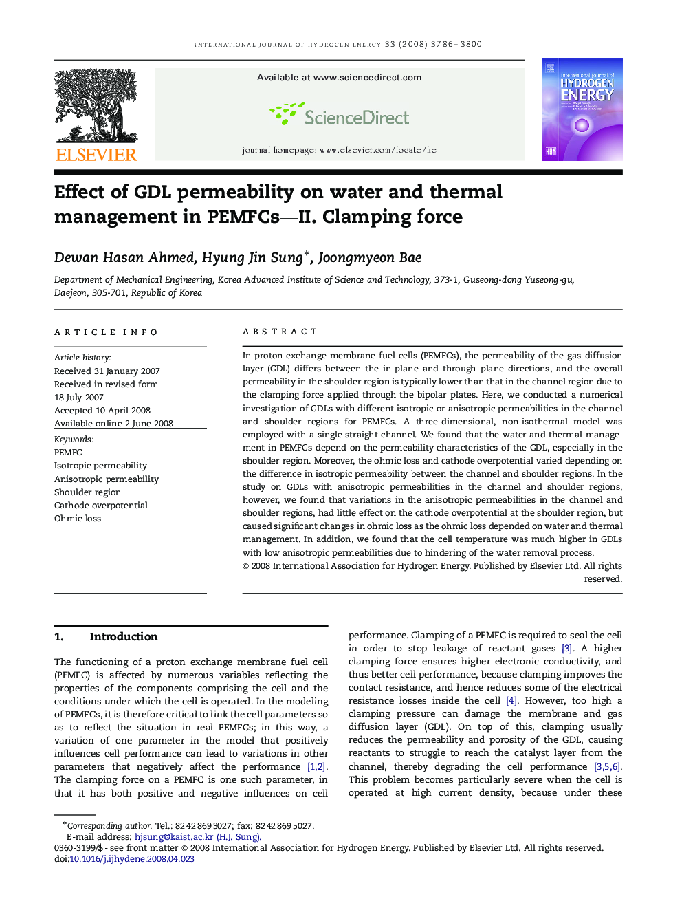 Effect of GDL permeability on water and thermal management in PEMFCs—II. Clamping force