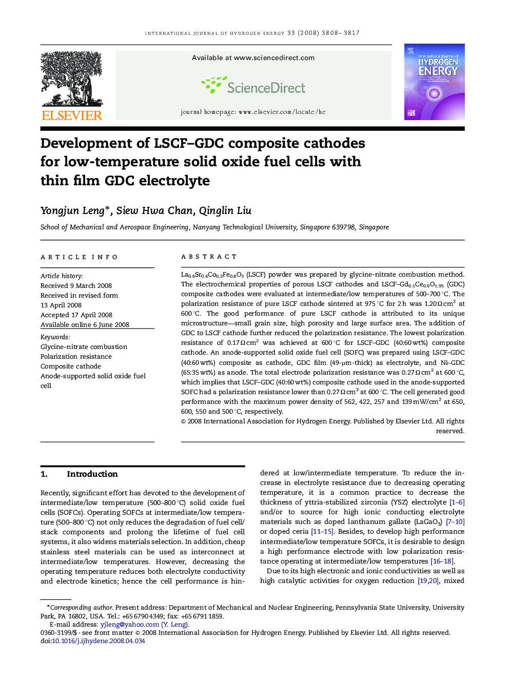 Development of LSCF–GDC composite cathodes for low-temperature solid oxide fuel cells with thin film GDC electrolyte