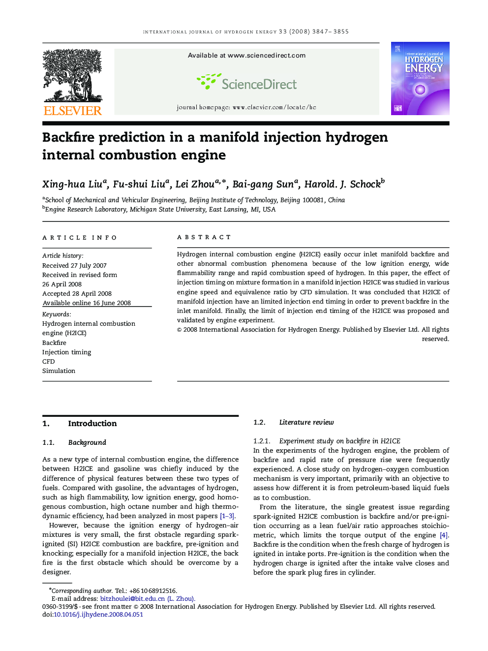 Backfire prediction in a manifold injection hydrogen internal combustion engine