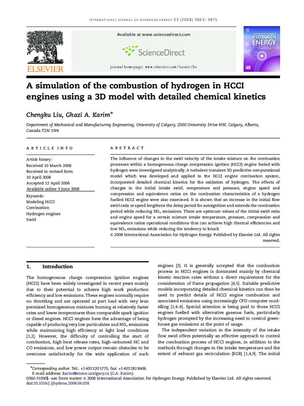 A simulation of the combustion of hydrogen in HCCI engines using a 3D model with detailed chemical kinetics