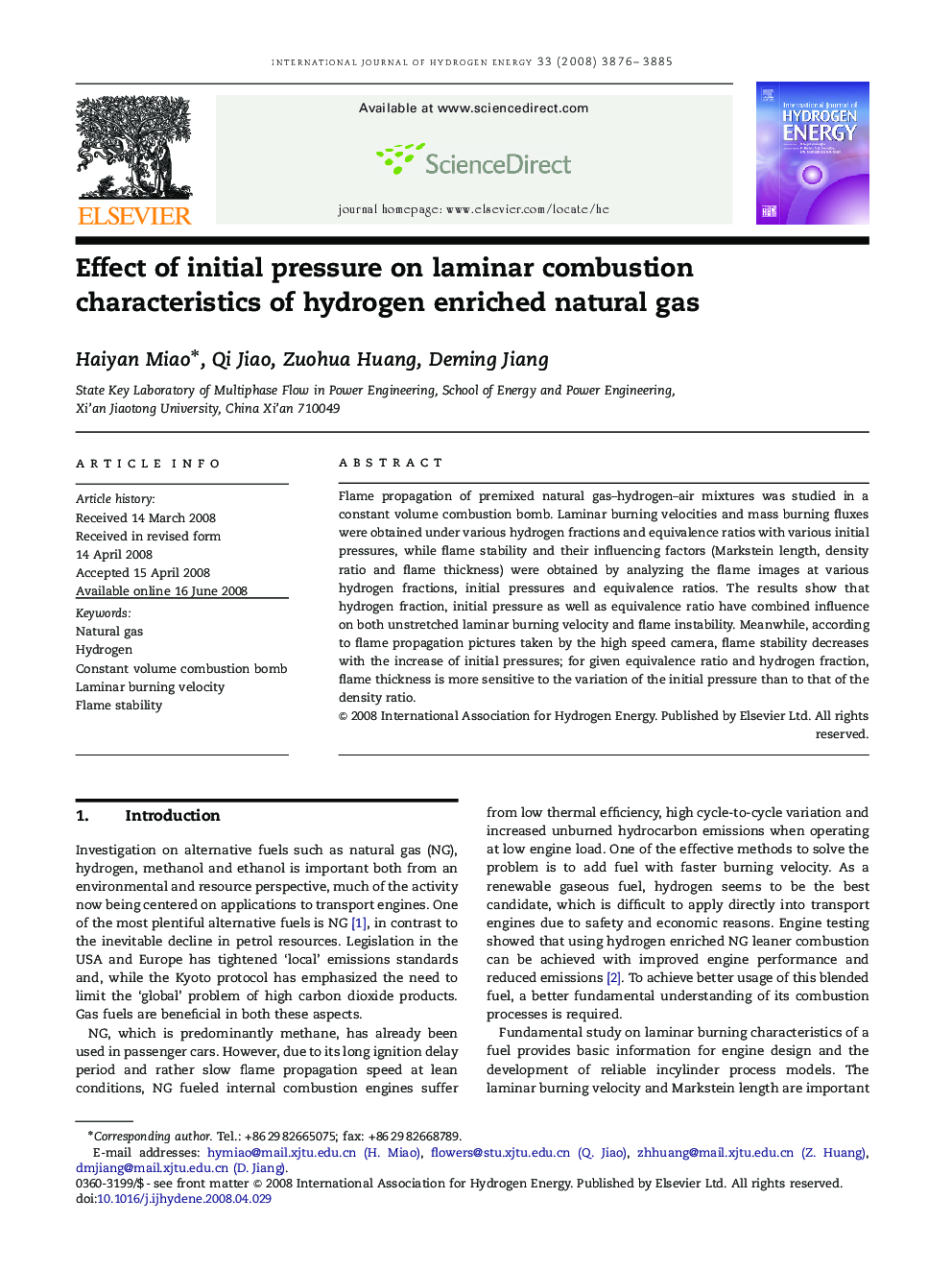 Effect of initial pressure on laminar combustion characteristics of hydrogen enriched natural gas