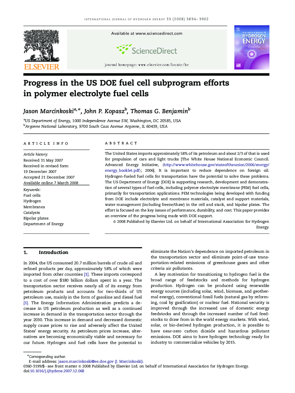 Progress in the US DOE fuel cell subprogram efforts in polymer electrolyte fuel cells