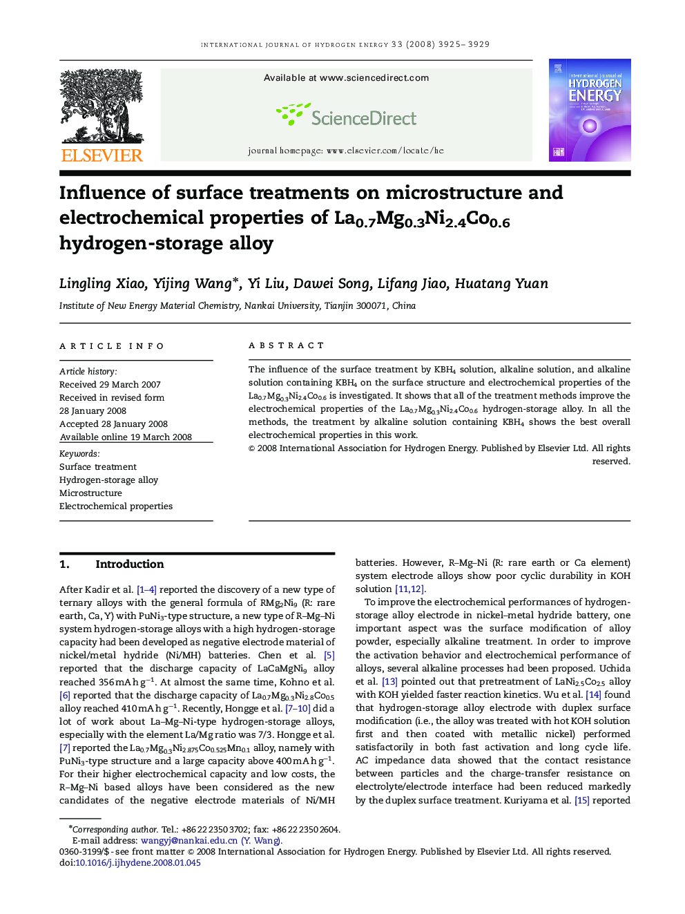 Influence of surface treatments on microstructure and electrochemical properties of La0.7Mg0.3Ni2.4Co0.6 hydrogen-storage alloy