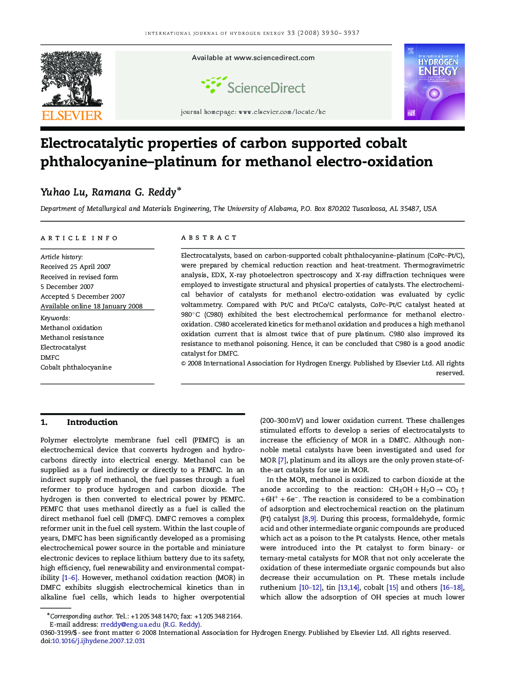 Electrocatalytic properties of carbon supported cobalt phthalocyanine–platinum for methanol electro-oxidation