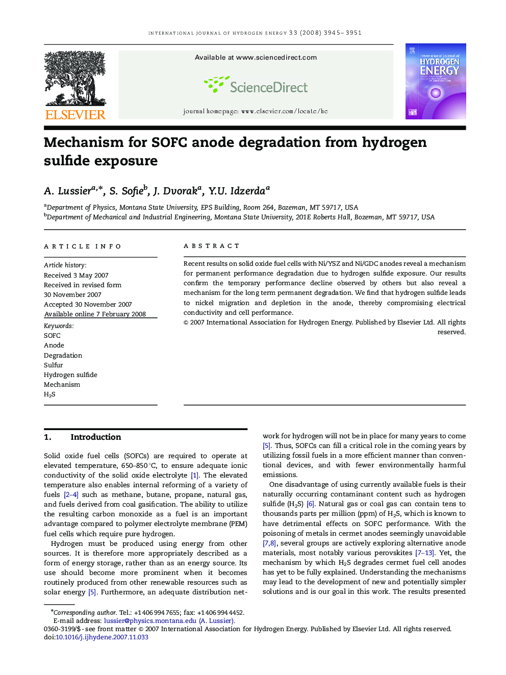 Mechanism for SOFC anode degradation from hydrogen sulfide exposure