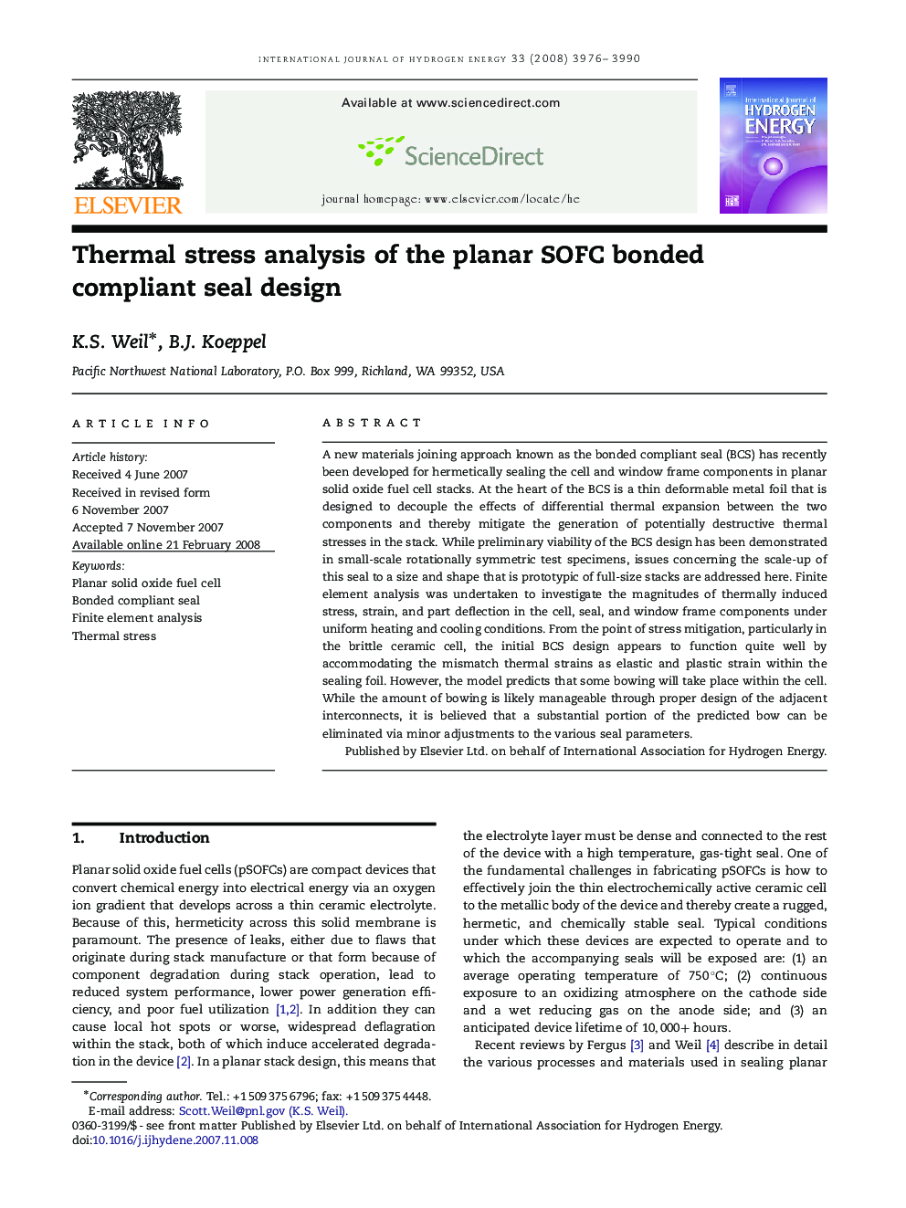 Thermal stress analysis of the planar SOFC bonded compliant seal design