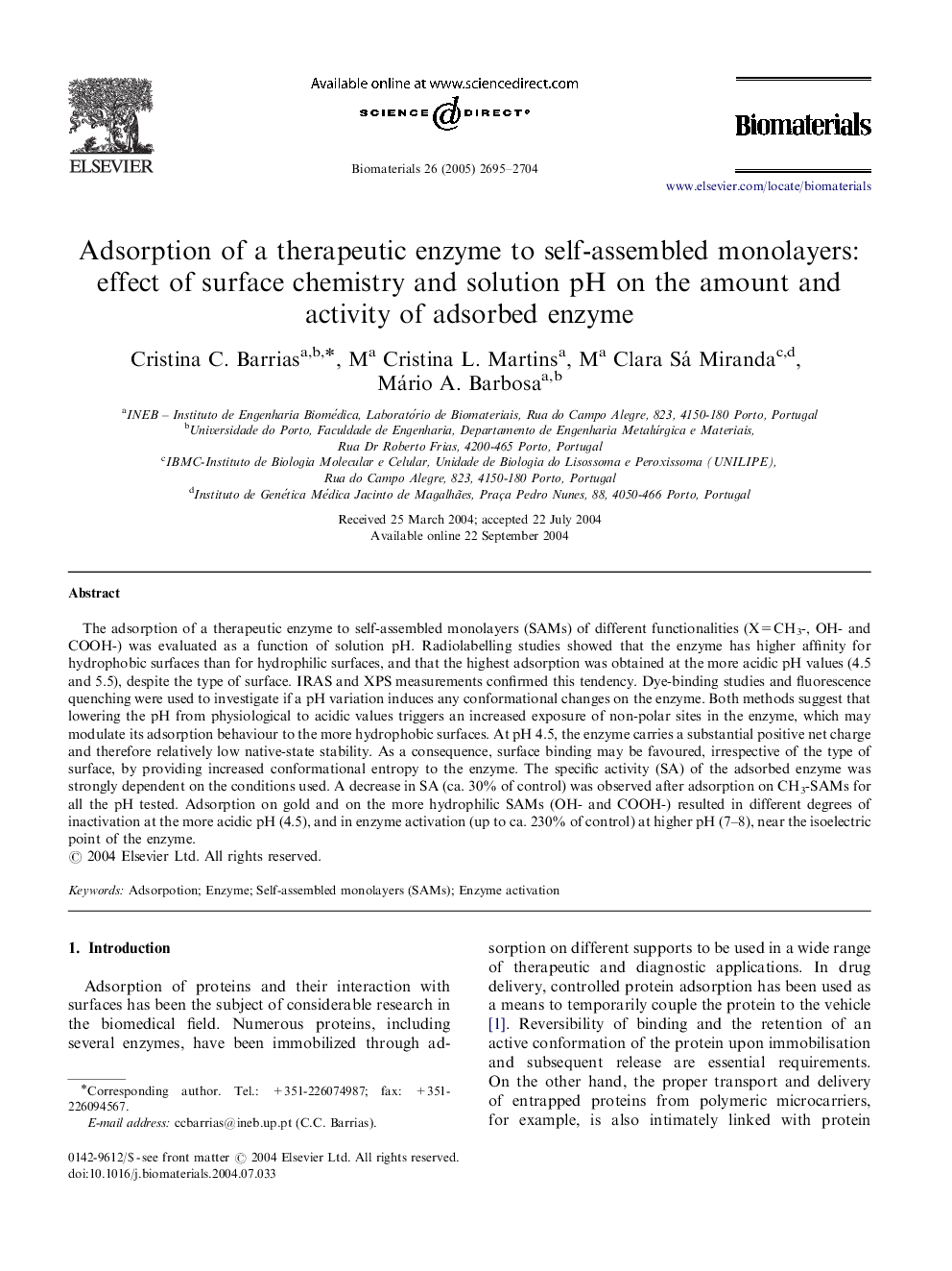 Adsorption of a therapeutic enzyme to self-assembled monolayers: effect of surface chemistry and solution pH on the amount and activity of adsorbed enzyme