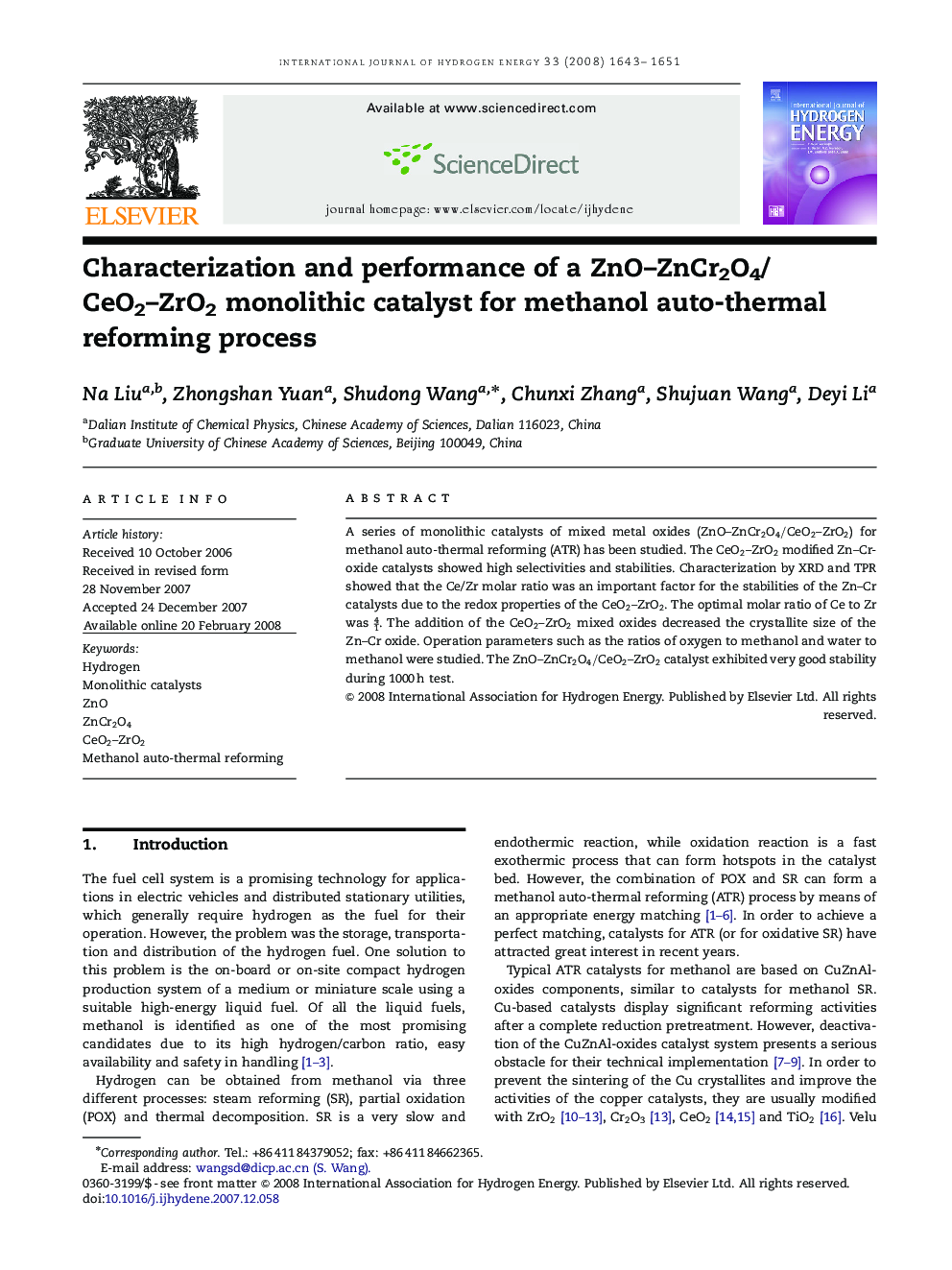 Characterization and performance of a ZnO–ZnCr2O4/CeO2–ZrO2 monolithic catalyst for methanol auto-thermal reforming process