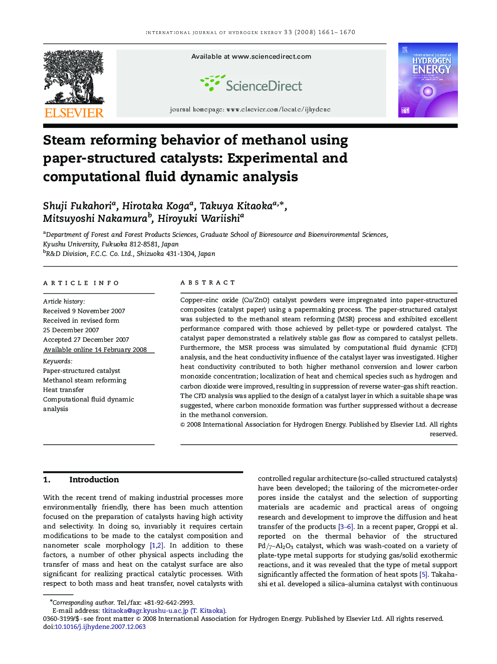 Steam reforming behavior of methanol using paper-structured catalysts: Experimental and computational fluid dynamic analysis