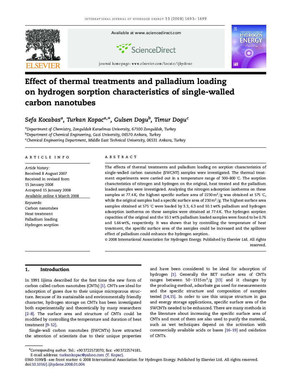 Effect of thermal treatments and palladium loading on hydrogen sorption characteristics of single-walled carbon nanotubes